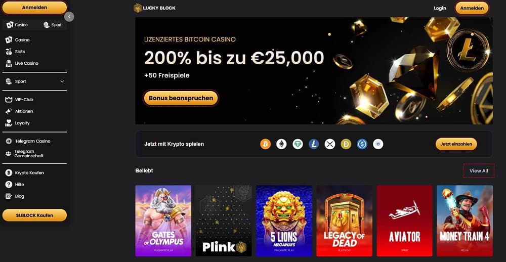 Werbebanner für Lucky Block, ein lizenziertes Bitcoin-Casino, mit einem Bonusangebot von '200% bis zu 25.000 € + 50 Freispiele.' Schaltflächen mit 'Bonus sichern' und 'Jetzt einzahlen' sind sichtbar. 